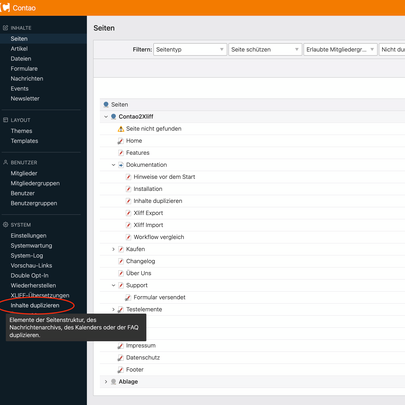 Menüpunkt zum Duplizieren von Inhalten