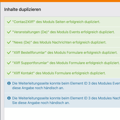 Erfolgsmeldungen und Hinweise nach dem Duplizieren