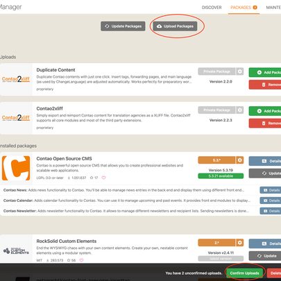 Upload der Erweiterungen ins System