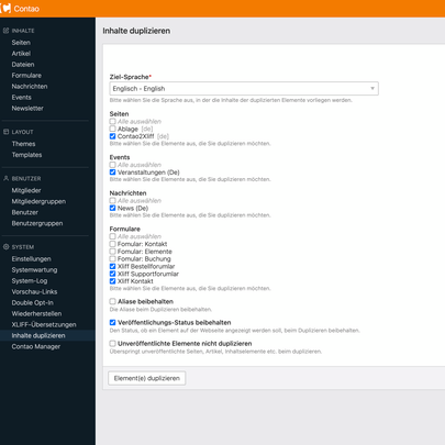 Zielsprache und zu duplizierende Inhalte auswählen